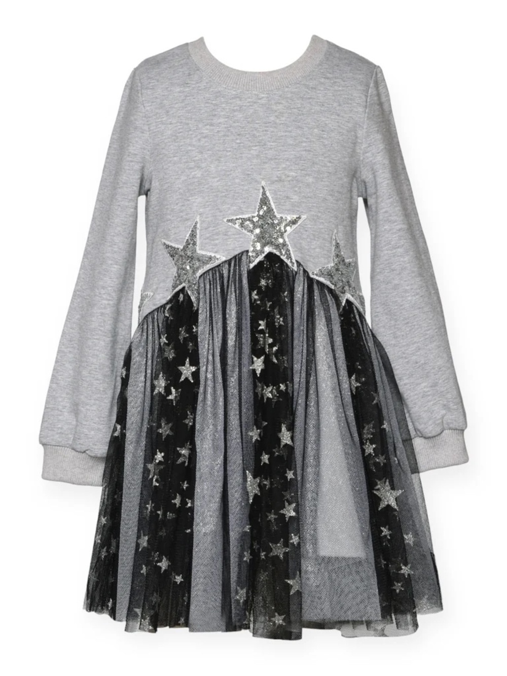 Baby Sara | Little Girl's Embellished Star Tulle Sweater Dress | Gray Multi | 6